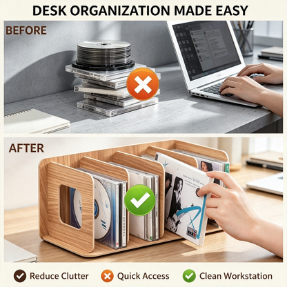 Wooden Desktop File Organizer 4 Compartments Document Storage Rack with Fixed Rubber Rings