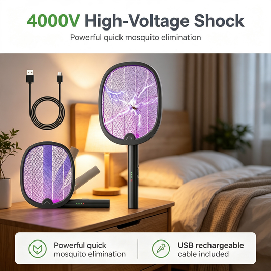 Rechargeable Electric Fly Swatter 4000V High Voltage Bug Zapper Racket With UV Light
