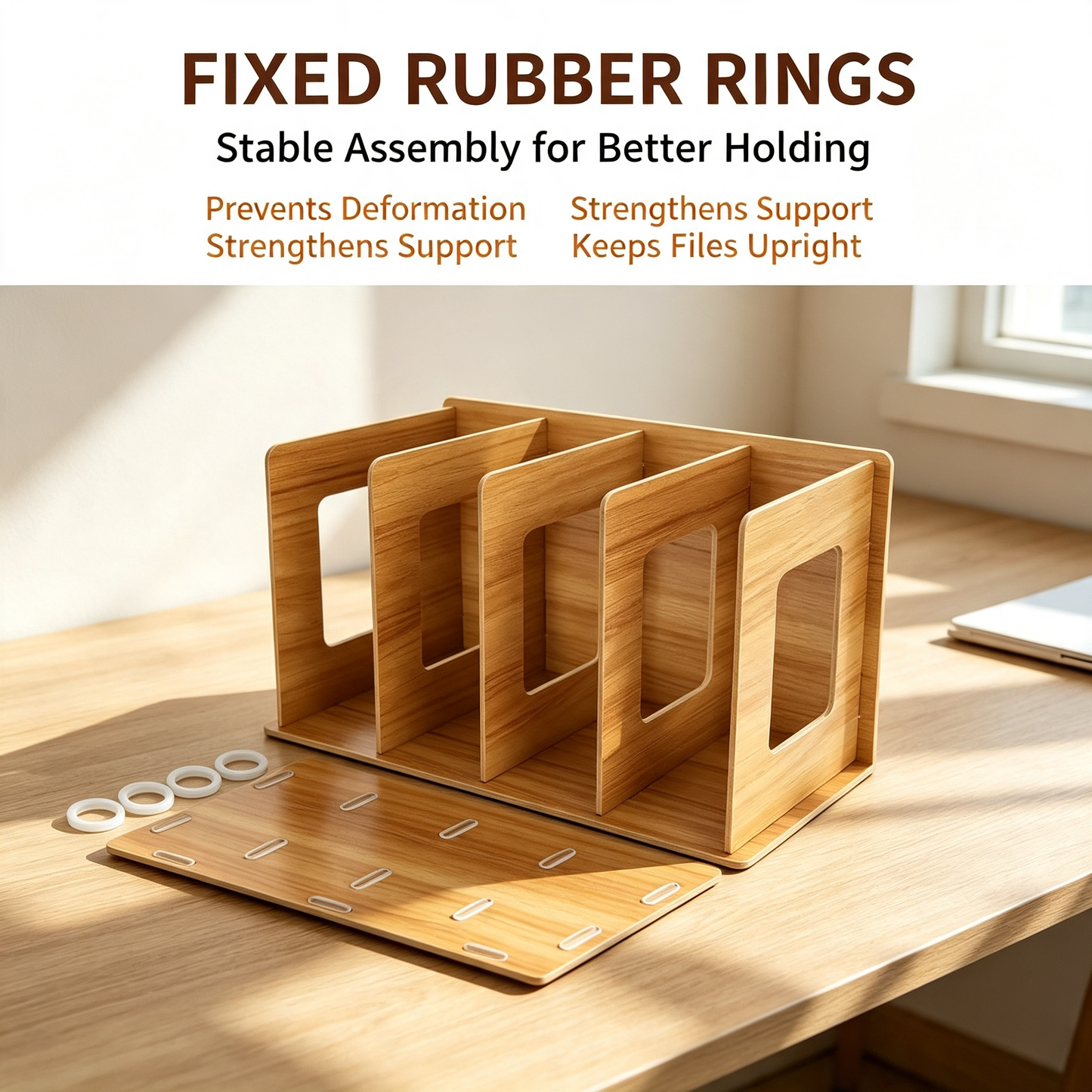 Wooden Desktop File Organizer 4 Compartments Document Storage Rack with Fixed Rubber Rings