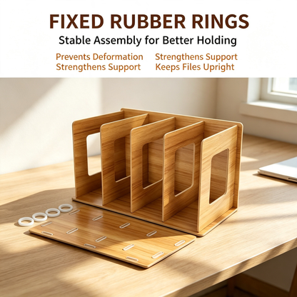 Wooden Desktop File Organizer 4 Compartments Document Storage Rack with Fixed Rubber Rings