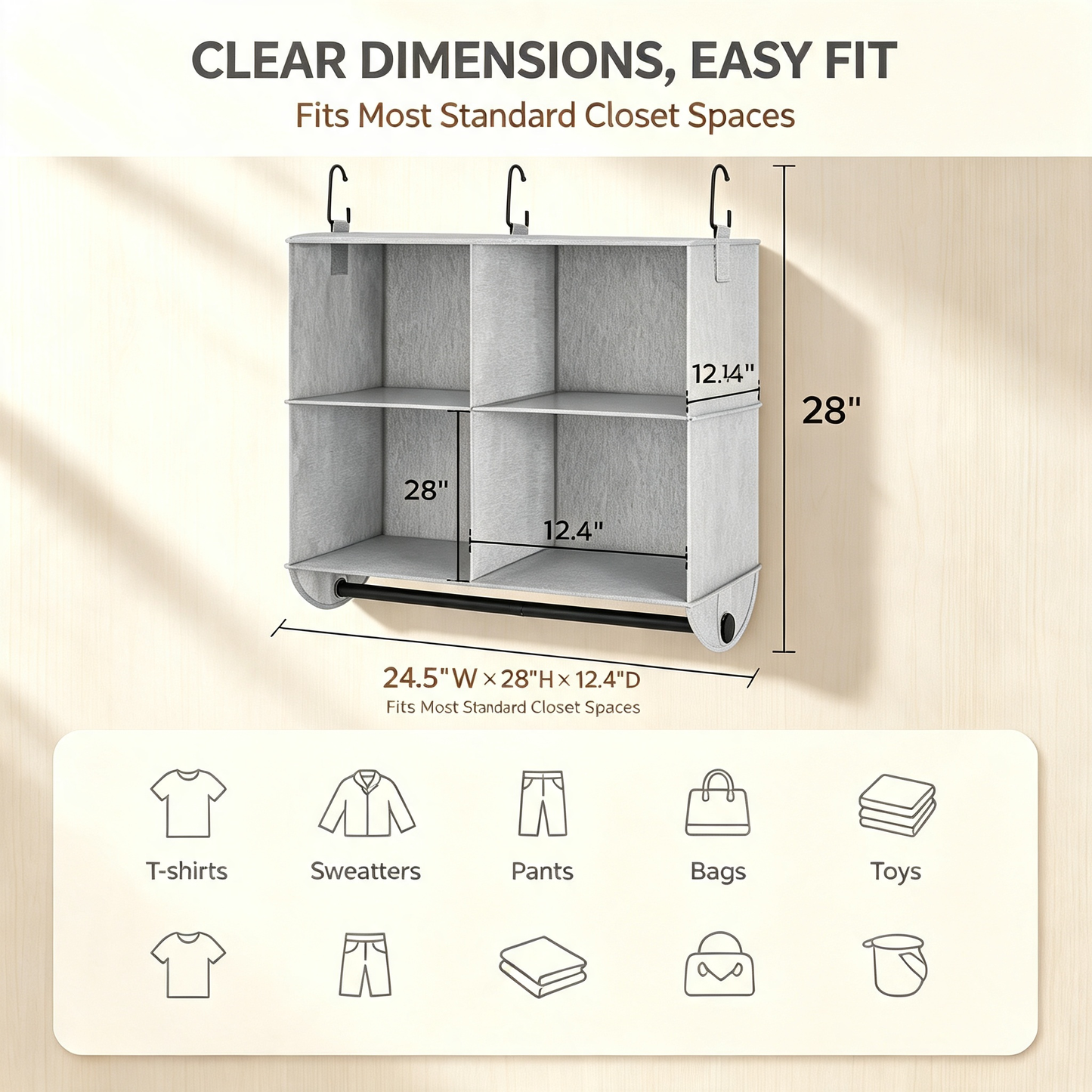 Hanging Closet Organizer with 4 Compartments and Detachable Garment Rod