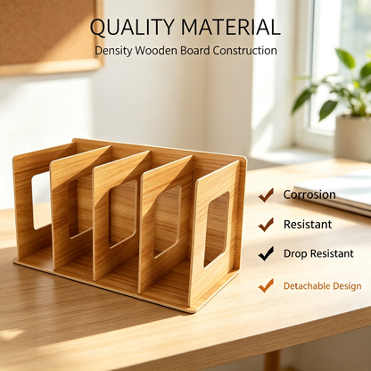 Wooden Desktop File Organizer 4 Compartments Document Storage Rack with Fixed Rubber Rings