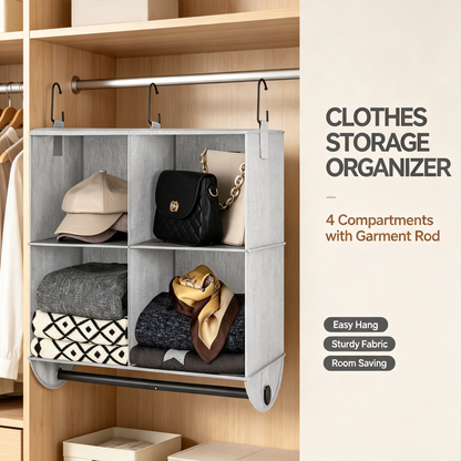 Hanging Closet Organizer with 4 Compartments and Detachable Garment Rod