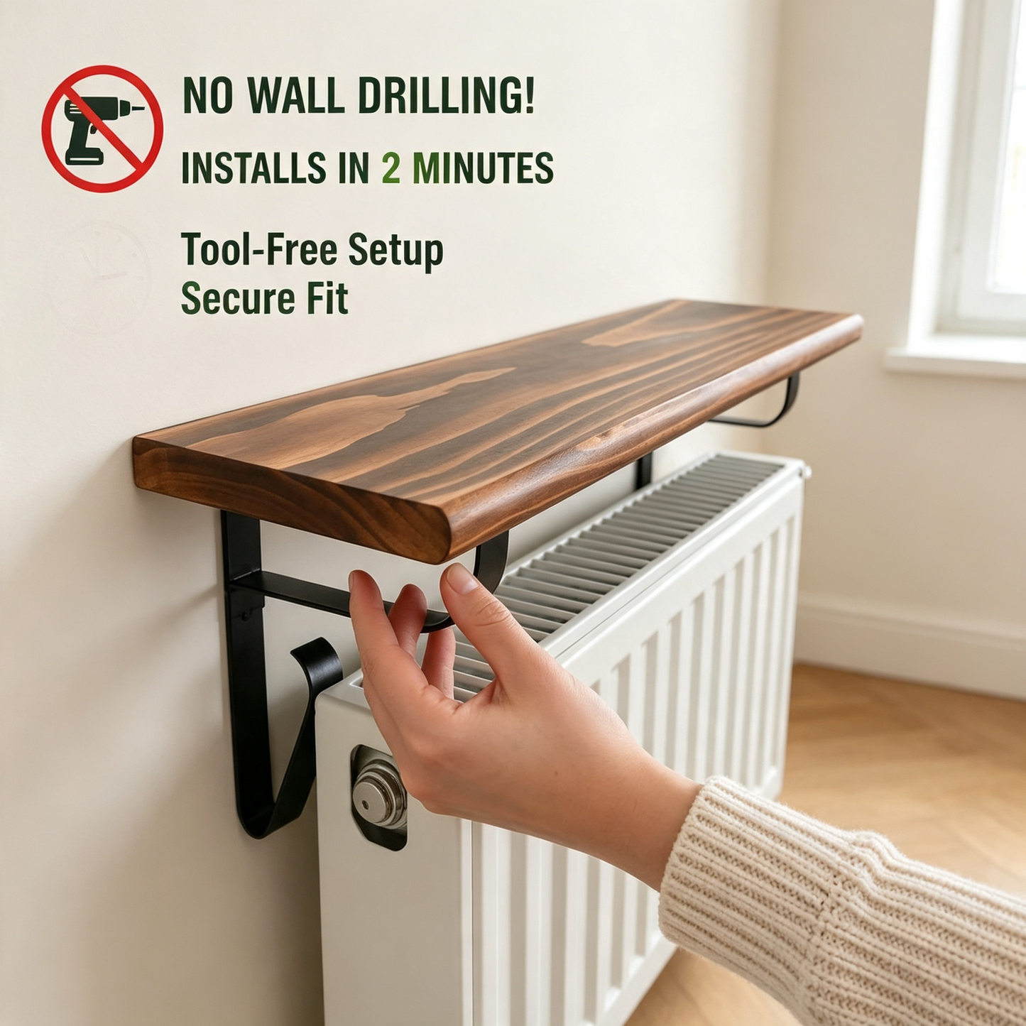 No Drill Clip On Radiator Wooden Storage Display Shelf