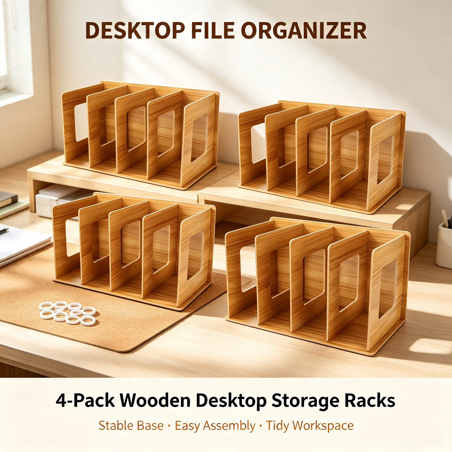 Wooden Desktop File Organizer 4 Compartments Document Storage Rack with Fixed Rubber Rings