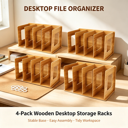 Wooden Desktop File Organizer 4 Compartments Document Storage Rack with Fixed Rubber Rings