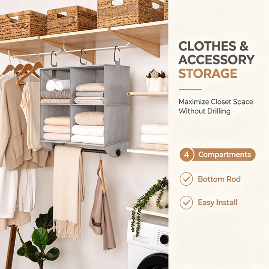 Hanging Closet Organizer with 4 Compartments and Detachable Garment Rod