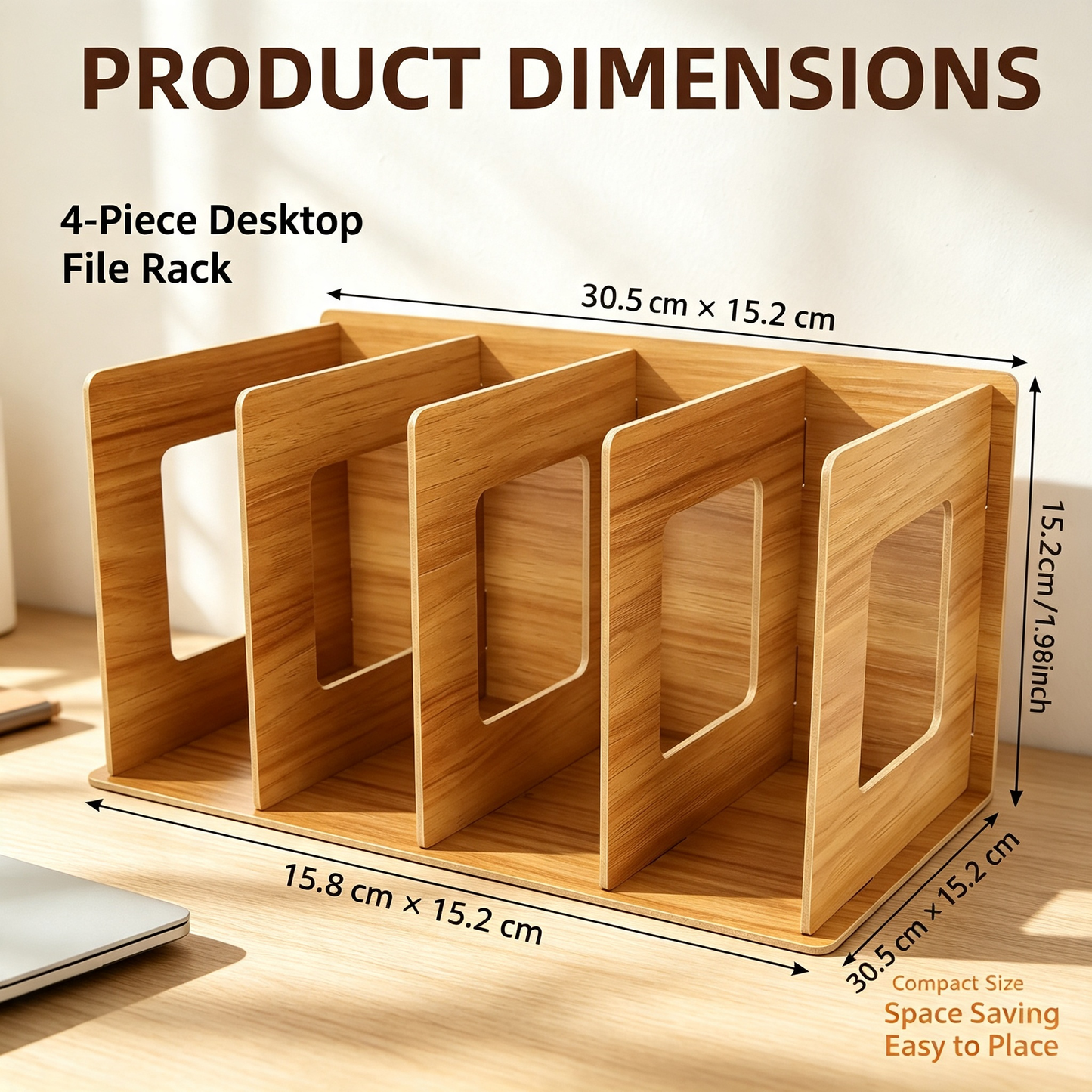 Wooden Desktop File Organizer 4 Compartments Document Storage Rack with Fixed Rubber Rings