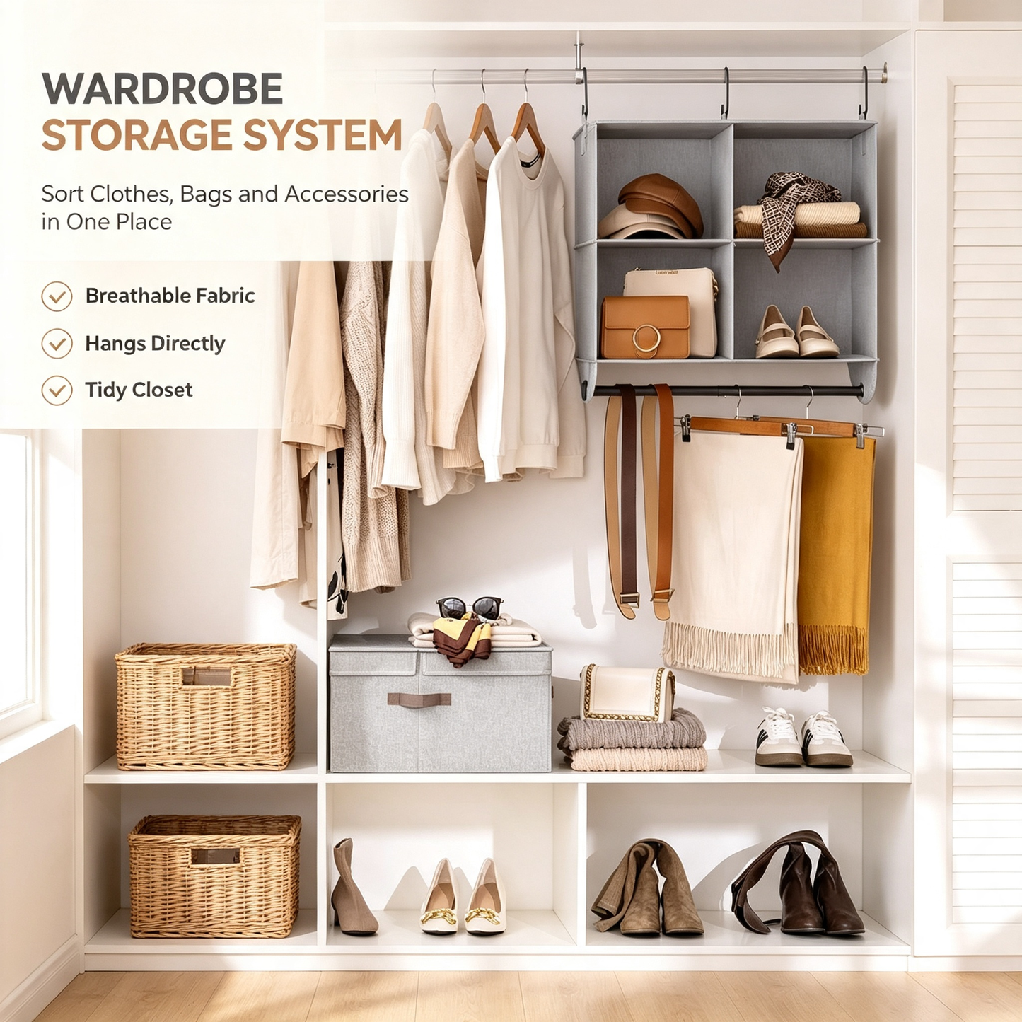 Hanging Closet Organizer with 4 Compartments and Detachable Garment Rod