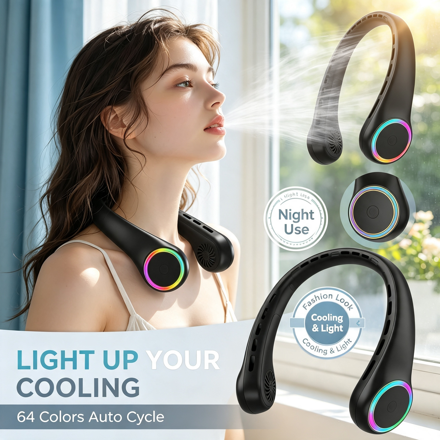 Bladeless Portable Hanging Neck Fan with RGB Ambient Light