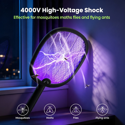 Rechargeable Electric Fly Swatter 4000V High Voltage Bug Zapper Racket With UV Light